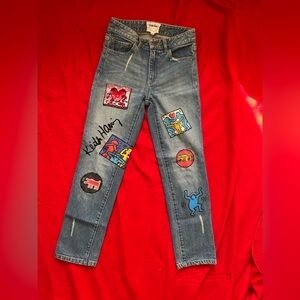 Alice + Olivia Blue Boyfriend Jeans with Artistic Patches